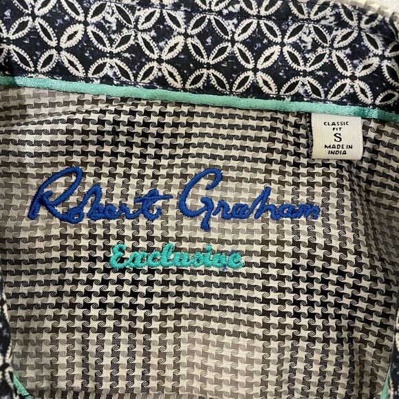 Robert Graham Exclusive Shirt Men Small Black White Houndstooth Plaid Flip Cuff - Picture 2 of 7